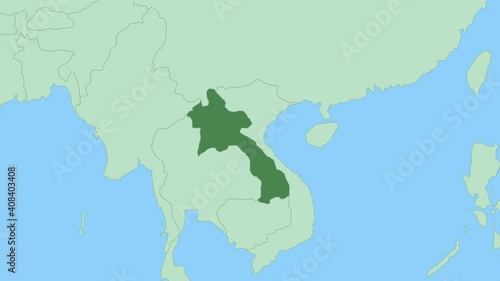 Map of Laos with pin of country capital. Laos Map with neighboring countries in green color.
