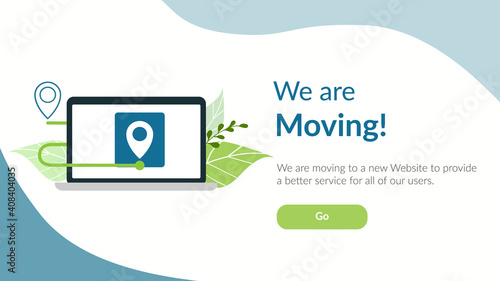 We are moving web application, link, location, computer, laptop, banner, page, web.