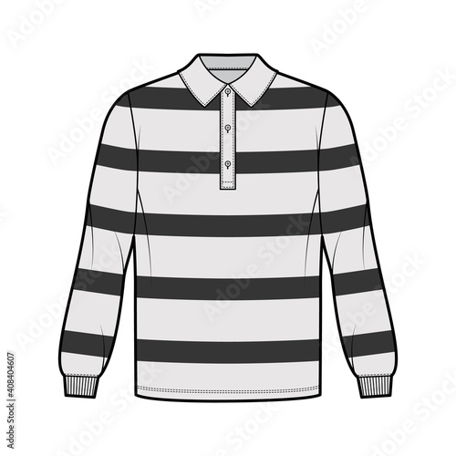 Shirt rugby technical fashion illustration with long sleeves, tunic length, henley neck, oversized, flat collar. Apparel top outwear template front, grey color. Women men unisex CAD mockup