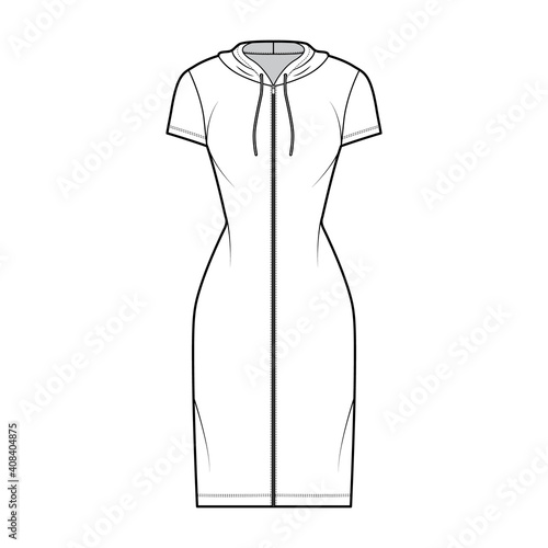 Hoodie zip-up dress technical fashion illustration with short sleeves, knee, mini length, fitted body, Pencil fullness. Flat apparel template front, white color. Women, men, unisex CAD mockup