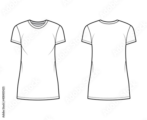 T-shirt dress technical fashion illustration with crew neck, short sleeves, mini length, oversized, Pencil fullness. Flat apparel template front, back, white color. Women, men, unisex CAD mockup