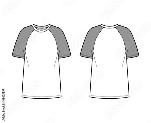 Sticker T-shirt baseball technical fashion illustration with raglan short sleeves, tunic length, crew neck, oversized