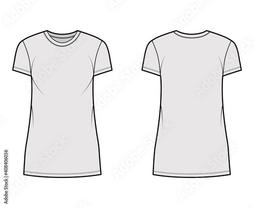 T-shirt dress technical fashion illustration with crew neck, short sleeves, mini length, oversized, Pencil fullness. Flat apparel template front, back, grey color. Women, men, unisex CAD mockup