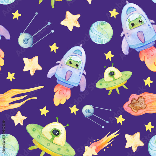 Cute cartoon universe. Space travel. Seamless pattern.Sun, planets, comets, aliens, rockets, stars on a dark background. © OllyKo
