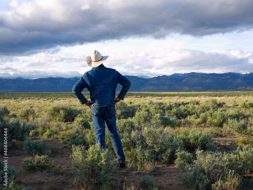 USA, Utah, Rear view of man standing in desert landscape USA, Utah, Rear view of man standing in desert landscape