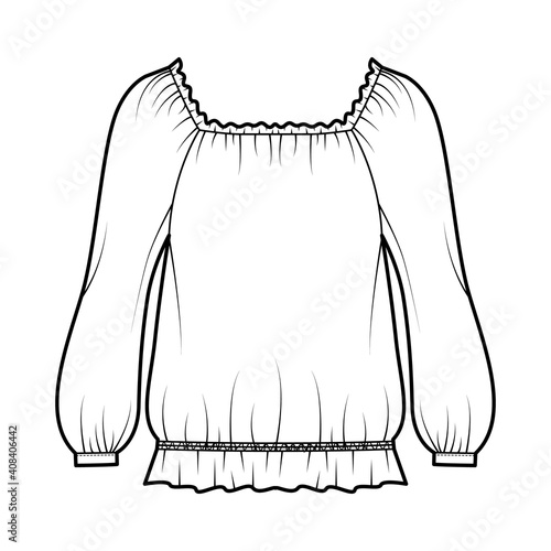 Peasant blouse technical fashion illustration with bouffant long sleeves, gathered wide scoop and hem, oversized. Flat shirt apparel top template front, white color. Women men unisex CAD mockup