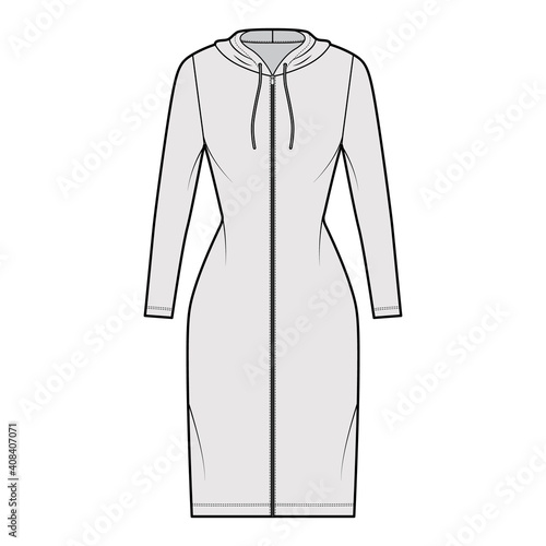 Hoodie zip-up dress technical fashion illustration with long sleeves, knee, mini length, fitted body, Pencil fullness. Flat apparel template front, grey color. Women, men, unisex CAD mockup