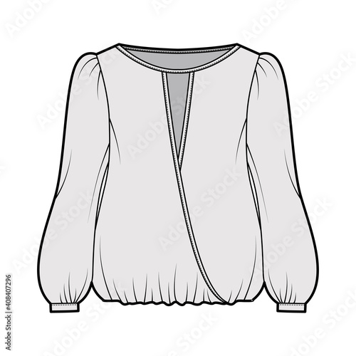 Surplice blouse technical fashion illustration with bouffant long sleeves, gathered hem, wide wrap scoop neck, oversized. Flat shirt apparel top template front, grey color. Women men unisex CAD mockup