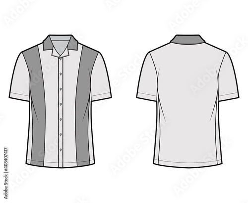 Shirt bowling technical fashion illustration with short sleeves, open collar, tunic length, oversized uniform. Flat apparel top outwear template front, back, grey color. Women men unisex CAD mockup