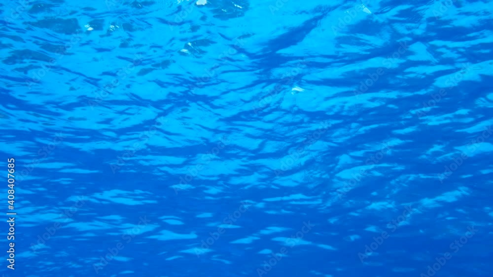 Underwater shot, surface of blue water. Natural background with sun glints on surface of blue water. Texture of blue water surface of sea reflection of sun's rays Underwater shot, surface of blue water. Natural background with sun glints on surface of blue water. Texture of blue water surface of sea reflection of sun's rays