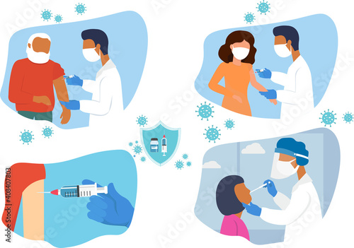 
Set vaccination of people during a pandemic. A new remedy for a global virus. The doctor takes a test from the patient. Protection of the population. Vector graphics