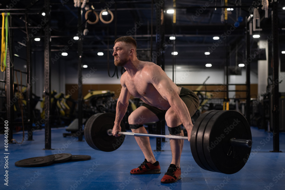 Masculine weightlifter squatting with barbell Masculine weightlifter squatting with barbell