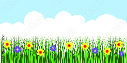  vector image of spring easter background frame with green grass spring flowers and sky isolated on white background