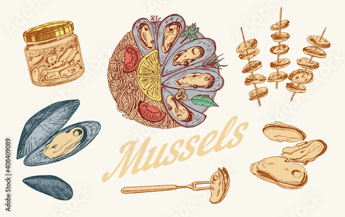 Sea mussels in vintage retro style. Nautical molluscs. Ocean food. Vector illustration. Hand drawn engraved retro sketch. Antique old monochrome style.