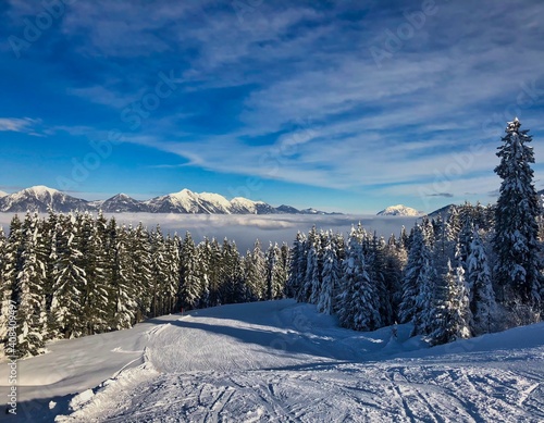 Snow Covered Ski Slope on a Winter Sunny Day in Austrian Alps. Snowy Trees and Blue Sky in the Mountains.