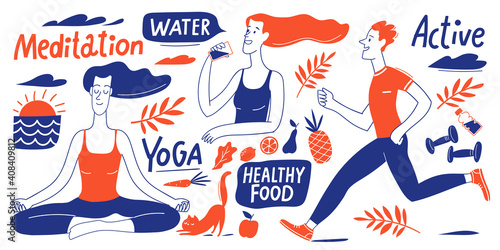 Healthy lifestyle vector design with people, elements and lettering