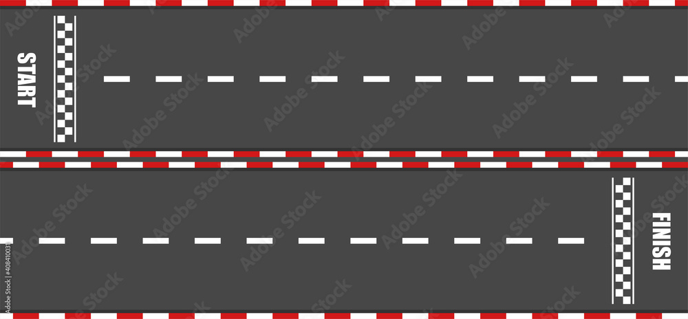 Race track with start and finish line for car. Carting races on the asphalt road. Template of fast speedway. Auto and moto sport concept. Top view vector illustration.