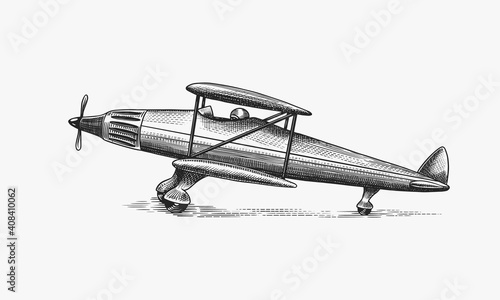 Passenger airplane corncob or plane aviation travel illustration. Engraved hand drawn in old sketch style, vintage transport.