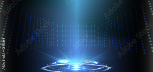 Abstract style on blue background. Blank display, stage or podium for show product in futuristic cyberpunk style.Technology demonstration Futuristic circle vector HUD, GUI, UI interface screen design.