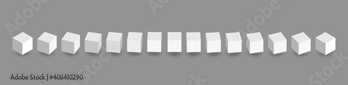 White vector 3d cubes animation. Cube icons in a perspective. Geometric blocks rotate with shadow. Vector illustration isolated on grey background.	