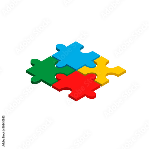 Four different color part puzzle chain in isometric style . Simple solutions concept, solving problem. Vector illustration isolated on white background.