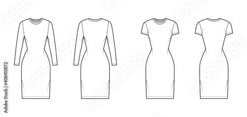 Set of T-shirt dresses technical fashion illustration with crew neck, short and long sleeves, knee length, slim fit. Flat apparel template front, back, white color. Women, men, unisex CAD mockup