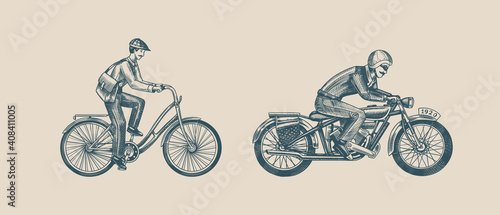 Motorcycle for biker club templates. A man on a bicycle. Eco friendly transport. The postman rides a bike. Vintage for t shirt. Monochrome retro style. Hand drawn engraved sketch