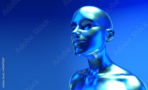 3d rendered illustration of the futuristic alien woman. Sci-fi fantasy portrait in cyberpunk aesthetics style.