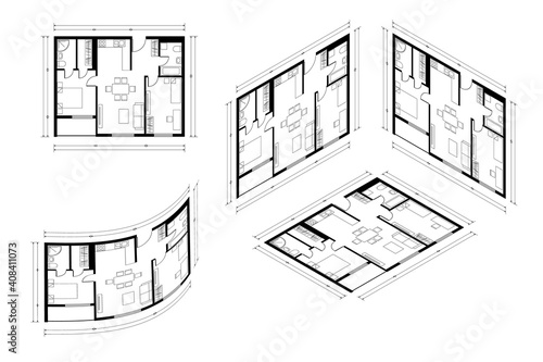 Isometric Architect Blueprint Vector Plan of Home. Blueprint House Plan Drawing. Professional Architectural Illustration Sketch Home.