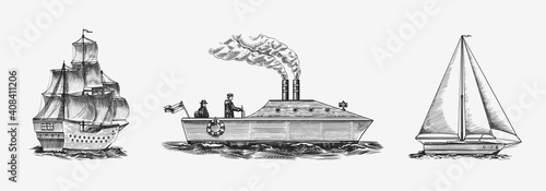 Sailboat in the sea, summer adventure, active vacation. Seagoing vessel with steam smoke from the pipe. Marine ship. Water transport in the ocean for sailor. Engraved hand drawn in vintage style.