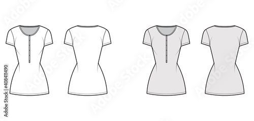 Shirt dress mini technical fashion illustration with henley neck, short sleeves, fitted body, Pencil fullness, stretch jersey. Flat template front, back, white, grey color. Women men unisex CAD mockup