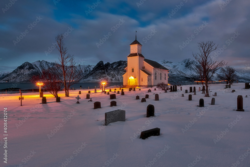 Traditional village church with cemetery, Central Norway, around Lom