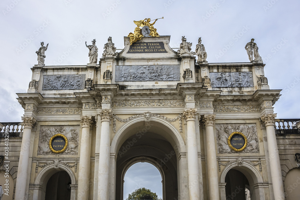 Architectural fragment of The Arc Here (XVIII century) - a triumphal arch between Place Stanislas and Place de la Carriere in Nancy, France. A World Heritage Site.