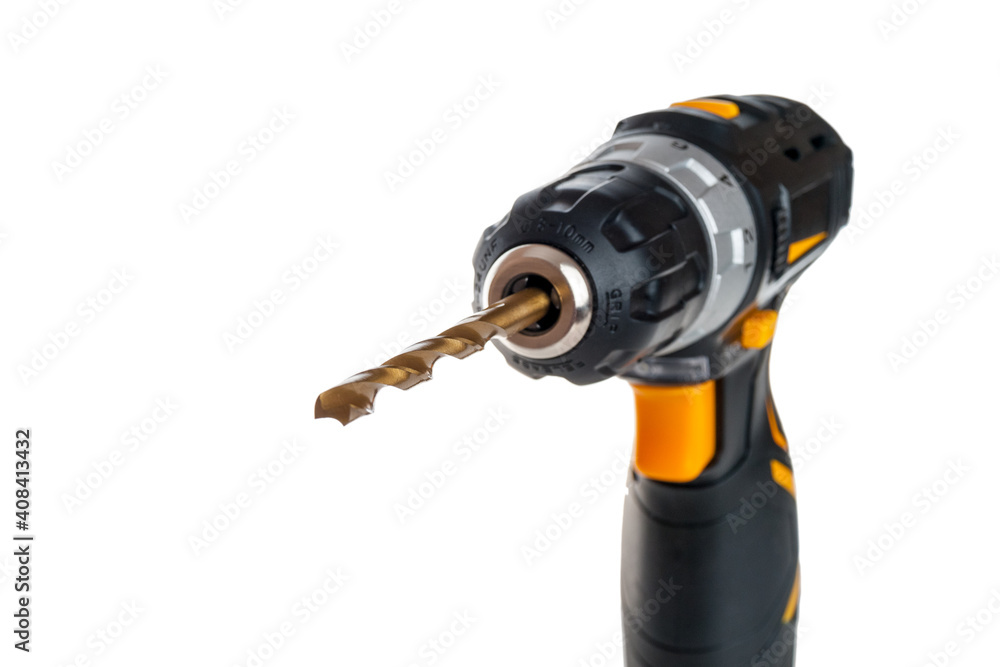 electric drill with battery, portable screwdriver for tightening screws and bolts and drilling, dowels and screws for home repairs with your own hands, selective focus on the drill, close-up