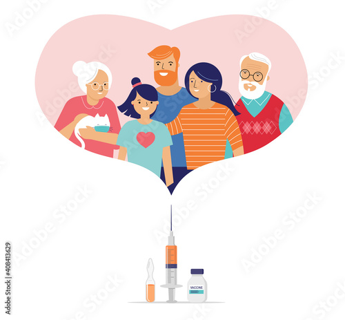 Family Vaccination concept design. Time to vaccinate banner. Doctor or nurse, scientist giving patient vaccine, COVID-19, flu or influenza