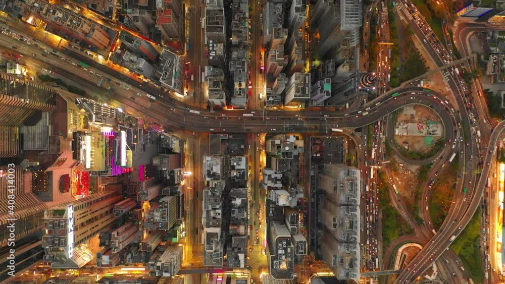 sunset night illuminated hong kong city traffic streets wan chai district aerial topdown panorama 4k sunset night illuminated hong kong city traffic streets wan chai district aerial topdown panorama 4k