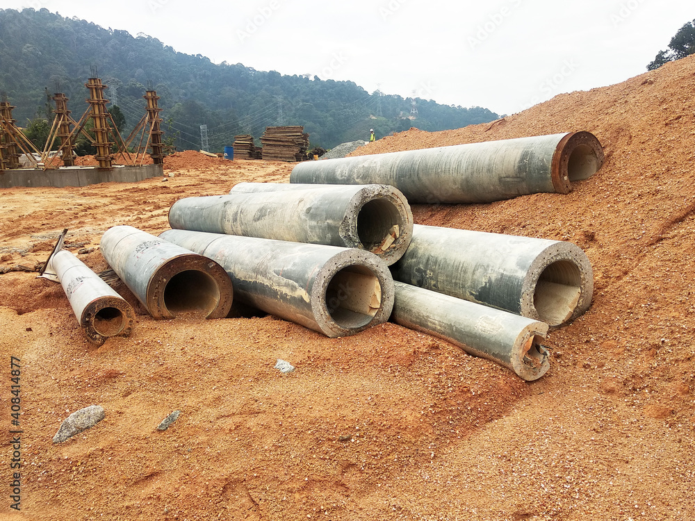 IPOH, MALAYSIA -MARCH 03, 2020:  Bore pile materials made from strong precast concrete designed by the engineers. It will be driven into the soil as the foundation and will be tied by pile caps.
