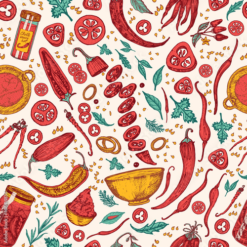 Red hot chili peppers. Seamless pattern in vintage style. Salad ingredients. Farm vegetable banner or poster. Vector illustration. Hand drawn engraved retro sketch. Background for restaurant menu
