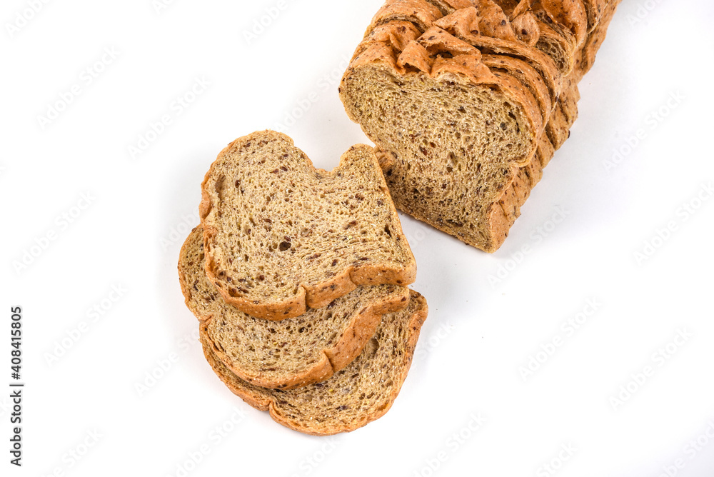 Sliced ketogenic bread made of oatmeal and coconut flour on a white background Sliced ketogenic bread made of oatmeal and coconut flour on a white background