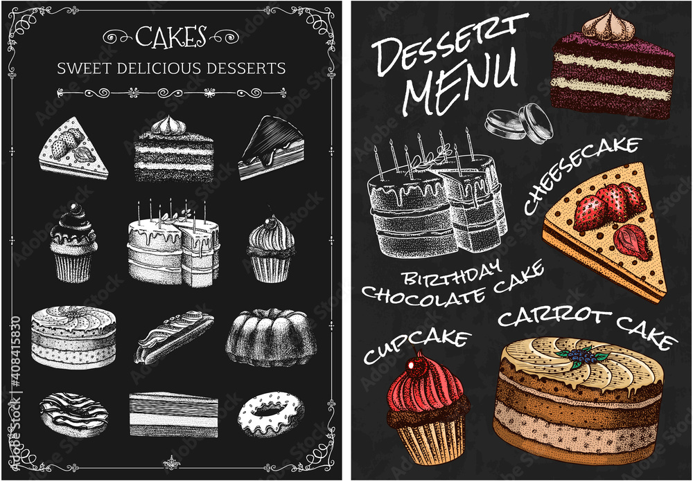 Cake menu. Hand drawn bakery product. Sweet Food on chalkboard. Vintage donut macaroon. Engraved sketch. Vector illustration for a banner of a cafe and restaurant.