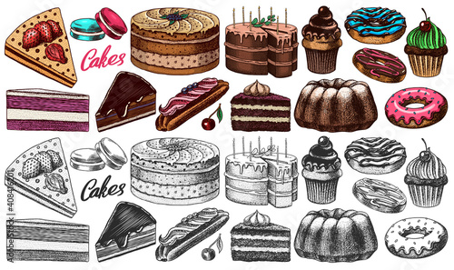 Cakes and cream tarts, fruit desserts and muffins. Chocolate Donuts, Sweet Food. Hand drawn pastries. Vintage engraved sketch. Vector illustration for a banner or menu of a cafe and restaurant.