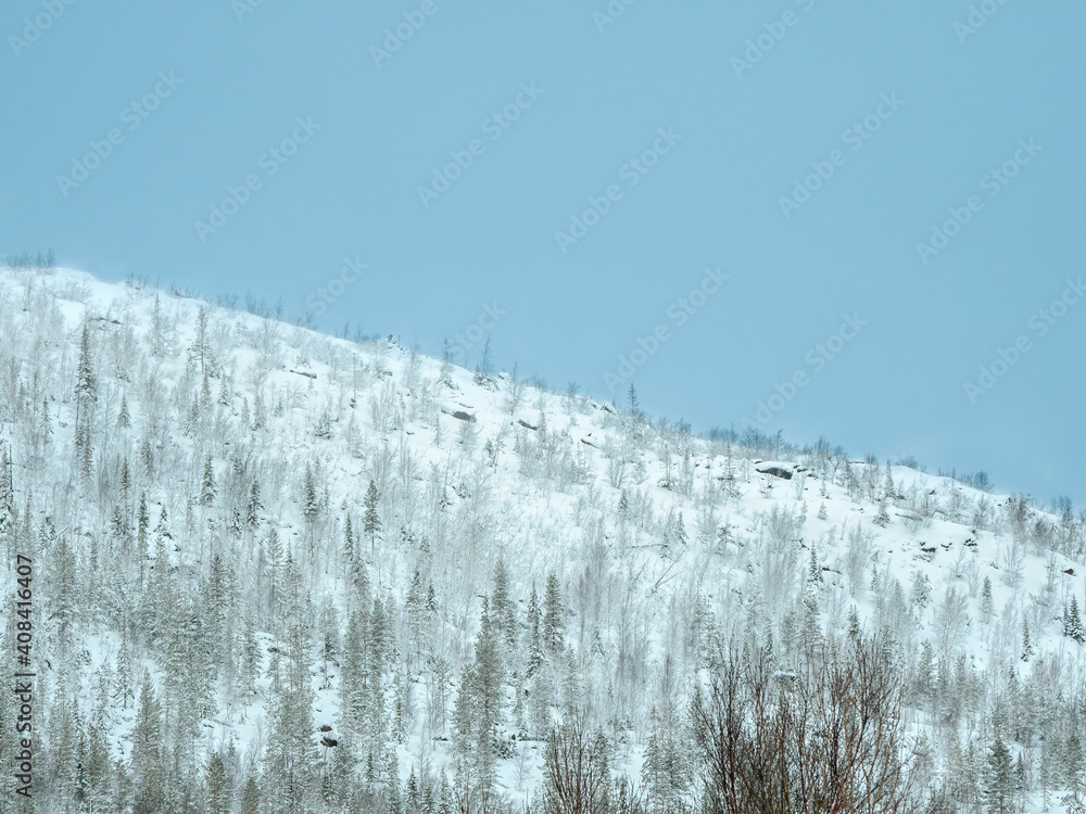 Snow pass. A white hillside covered with snow against a blue sky.