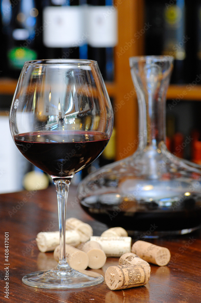 Piceno red wine called rosso Piceno into a decanter for wine oxygenation Piceno red wine called rosso Piceno into a decanter for wine oxygenation