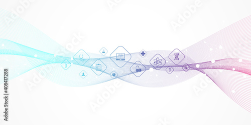 Abstract health care banner template with flat icons. Healthcare medicine concept. Medical innovation technology pharmacy banner. Vector illustration.