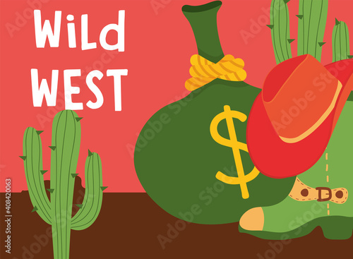 Wild west boot with hat money bag and cactus vector design