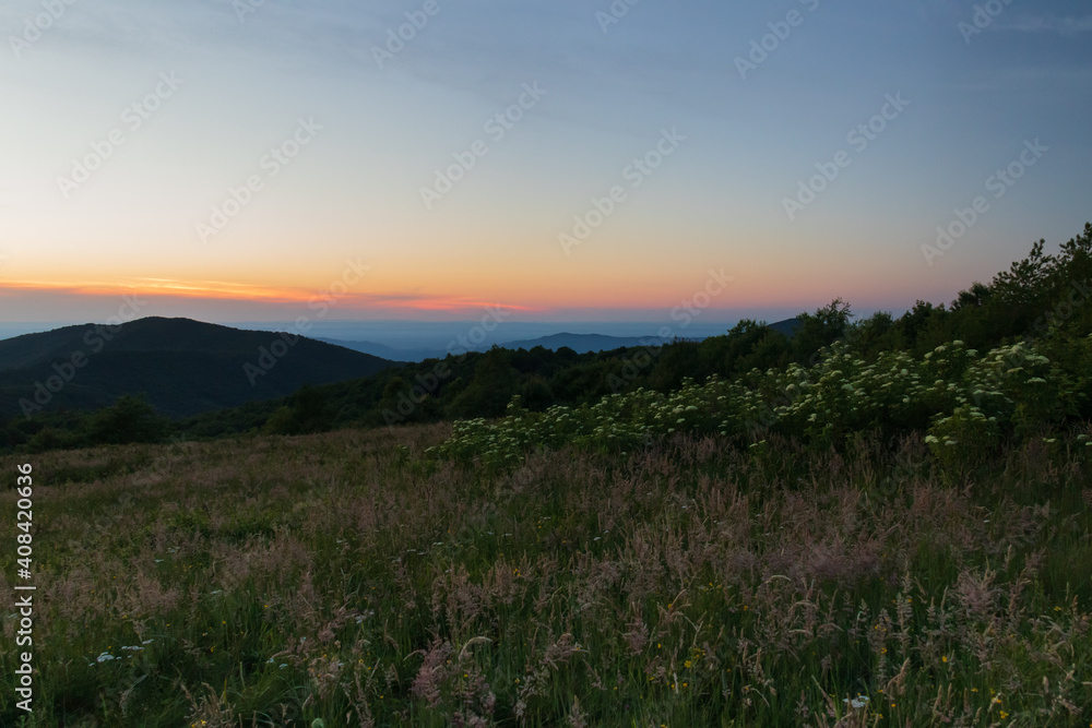 Sunset view from Max Patch bald over the Great Smoky Mountains