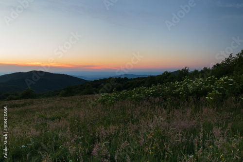 Sunset view from Max Patch bald over the Great Smoky Mountains