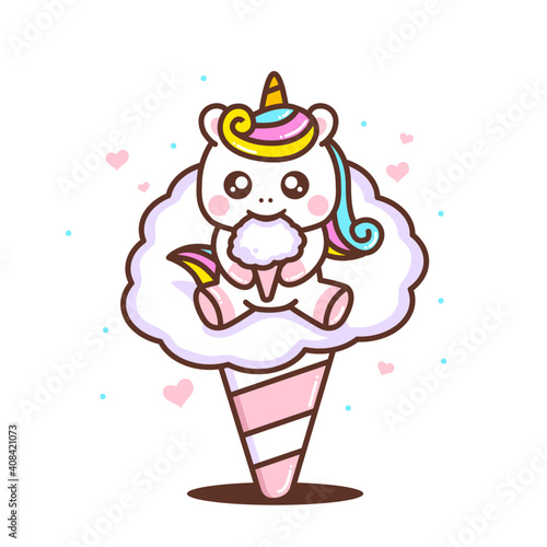 cute little unicorn sitting while eating cotton candy