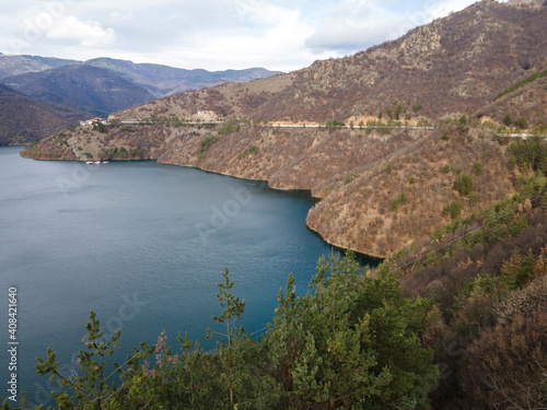 Aerial view of Vacha Reservoir, Rhodope Mountains, Bulgaria