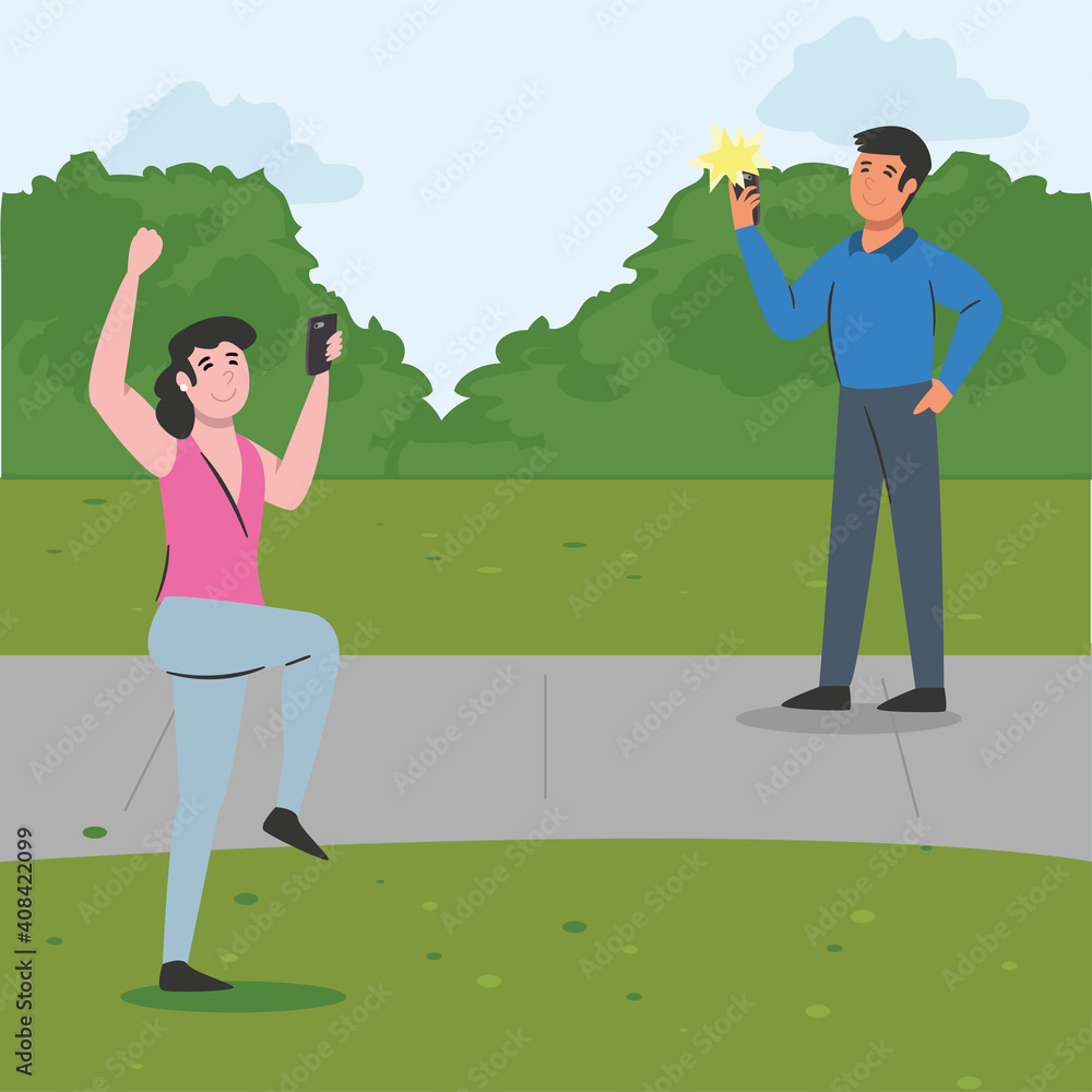 woman and man with smartphone at park vector design